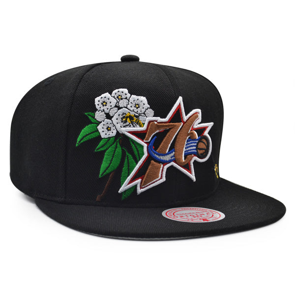 Philadelphia 76ers Mitchell & Ness FLOWER TIME Snapback NBA Hat - Black/Gold