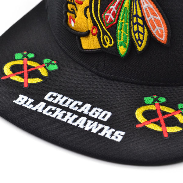Chicago Blackhawks Mitchell & Ness NHL HAT TRICK Snapback Adjustable Hat - Black/Multi