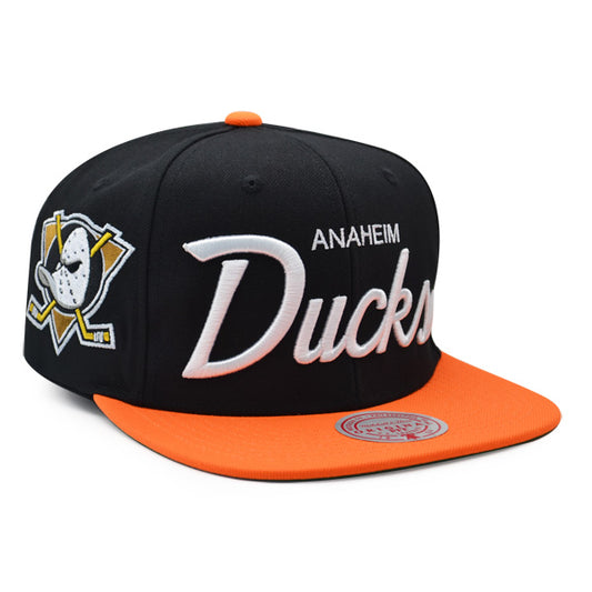 Anaheim Ducks Mitchell & Ness NHL VINTAGE SCRIPT Snapback Adjustable Hat - Black/Orange