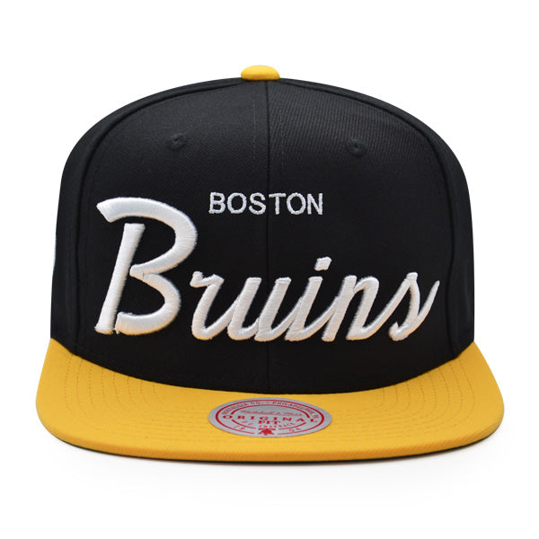 Boston Bruins Mitchell & Ness NHL VINTAGE SCRIPT Snapback Adjustable Hat -Black/Yellow