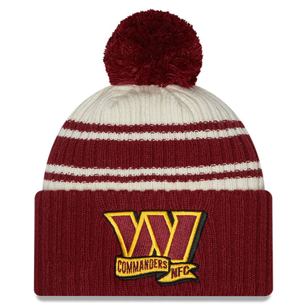 Washington Commanders New Era 2022 Sideline Sport Cuffed Pom Knit Hat - Cream/Burgundy