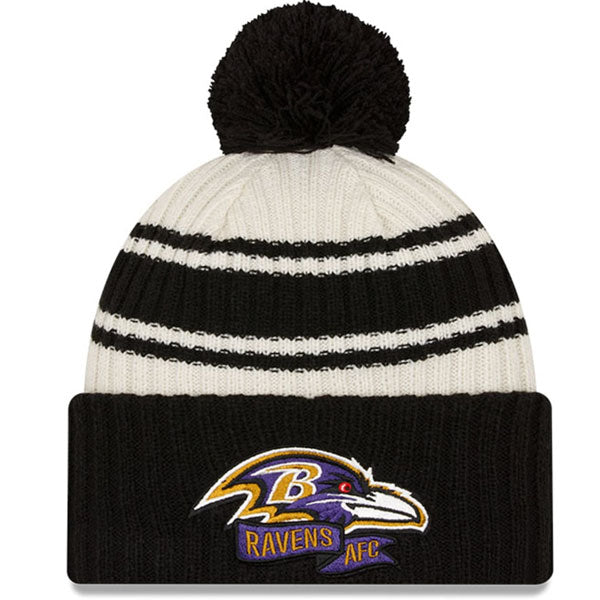 Baltimore Ravens New Era 2022 Sideline Sport Cuffed Pom Knit Hat - Cream/Black