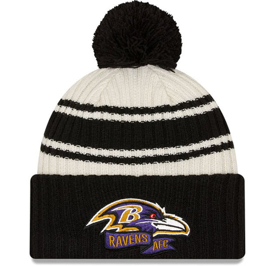 Baltimore Ravens New Era 2022 Sideline Sport Cuffed Pom Knit Hat - Cream/Black