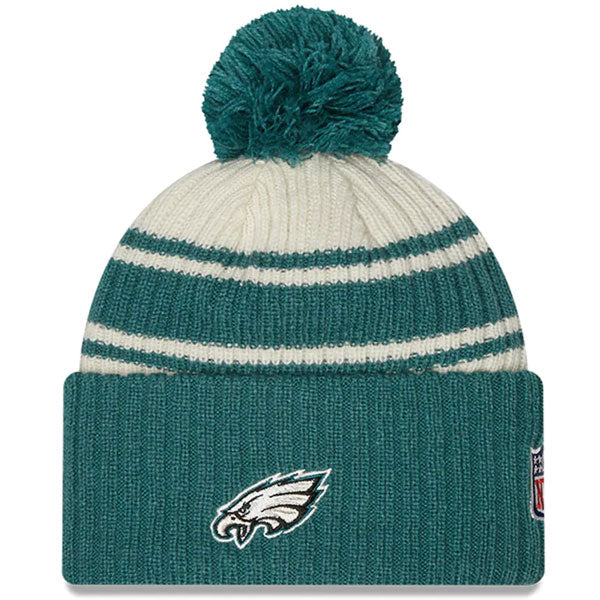 Philadelphia Eagles New Era 2022 Sideline Sport Cuffed Pom Knit Hat - Cream/Green