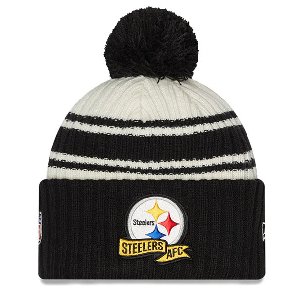 Pittsburgh Steelers New Era 2022 Sideline Sport Cuffed Pom Knit Hat - Cream/Black