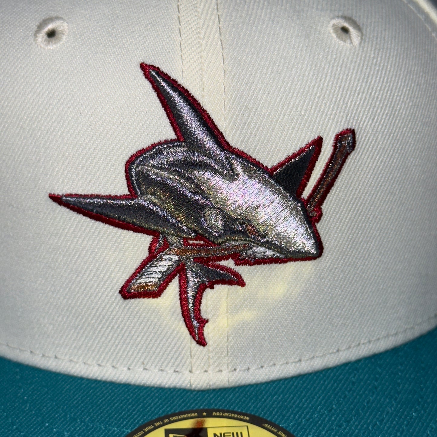 San Jose Sharks "BEWARE" Exclusive New Era 59Fifty Fitted Hat - Chrome/Teal/Icy UV