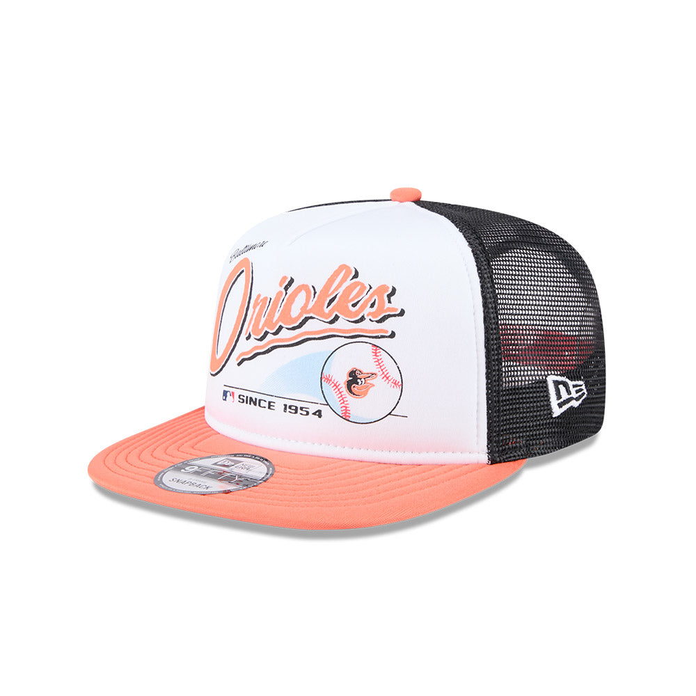 Baltimore Orioles New Era RETRO SCRIPT 9Fifty A-Frame Mesh Trucker Snapback Hat - Black/Orange