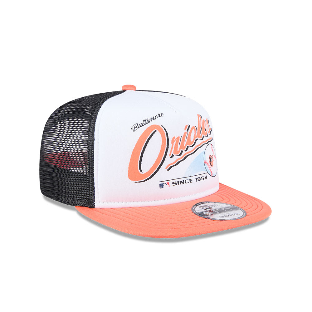 Baltimore Orioles New Era RETRO SCRIPT 9Fifty A-Frame Mesh Trucker Snapback Hat - Black/Orange