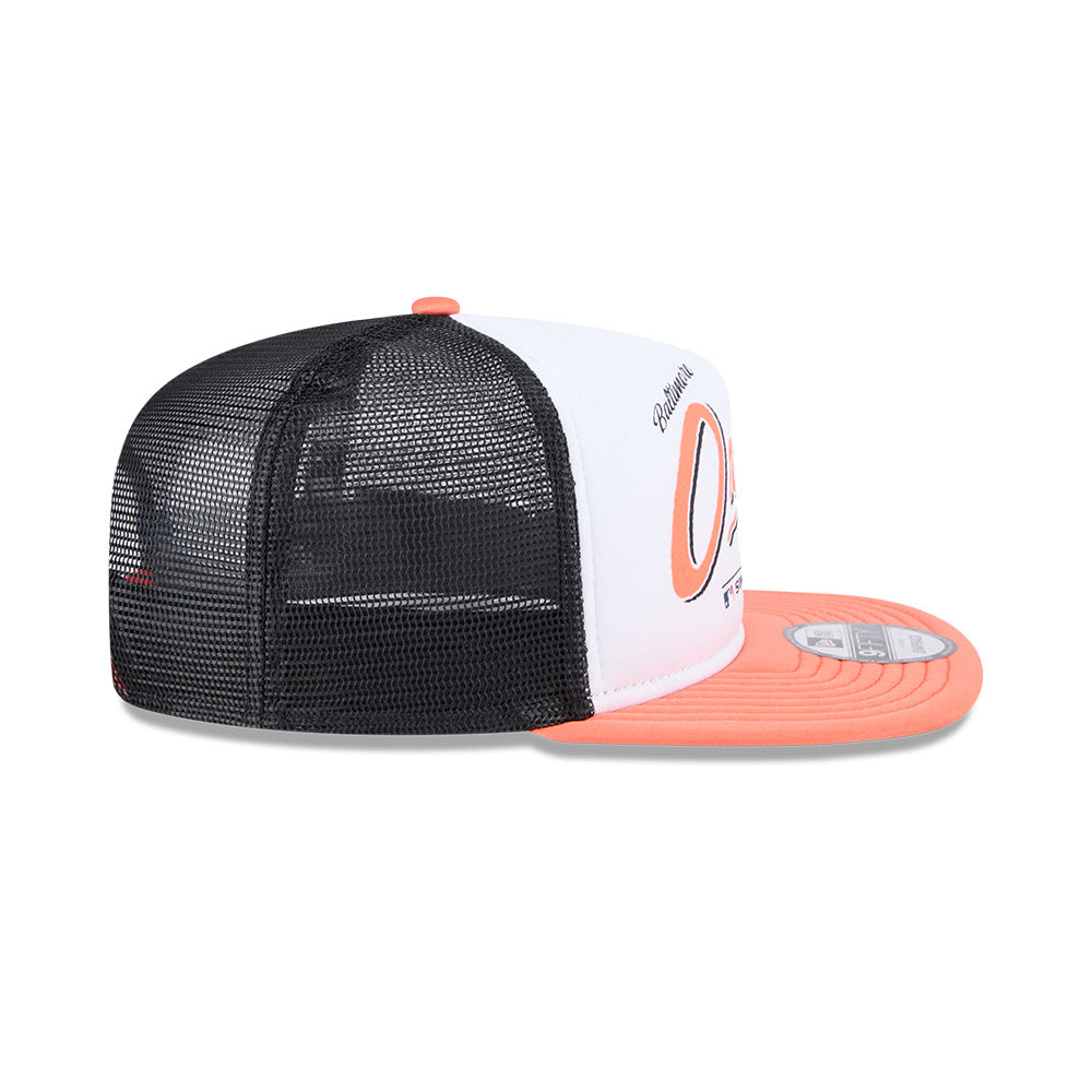 Baltimore Orioles New Era RETRO SCRIPT 9Fifty A-Frame Mesh Trucker Snapback Hat - Black/Orange