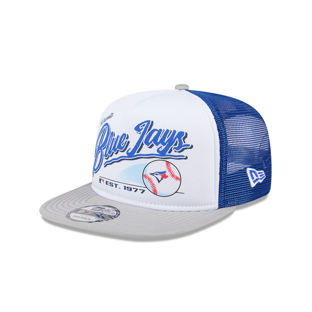 Toronto Blue Jays New Era RETRO SCRIPT 9Fifty A-Frame Mesh Trucker Snapback Hat - Blue/Gray