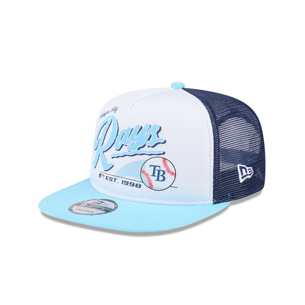 Tampa Bay Rays New Era RETRO SCRIPT 9Fifty A-Frame Mesh Trucker Snapback Hat - Navy/Sky