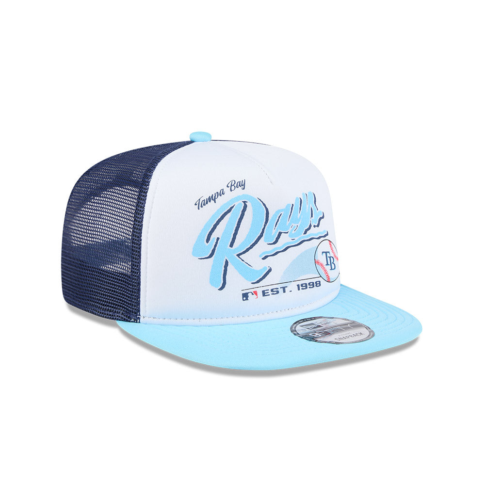 Tampa Bay Rays New Era RETRO SCRIPT 9Fifty A-Frame Mesh Trucker Snapback Hat - Navy/Sky