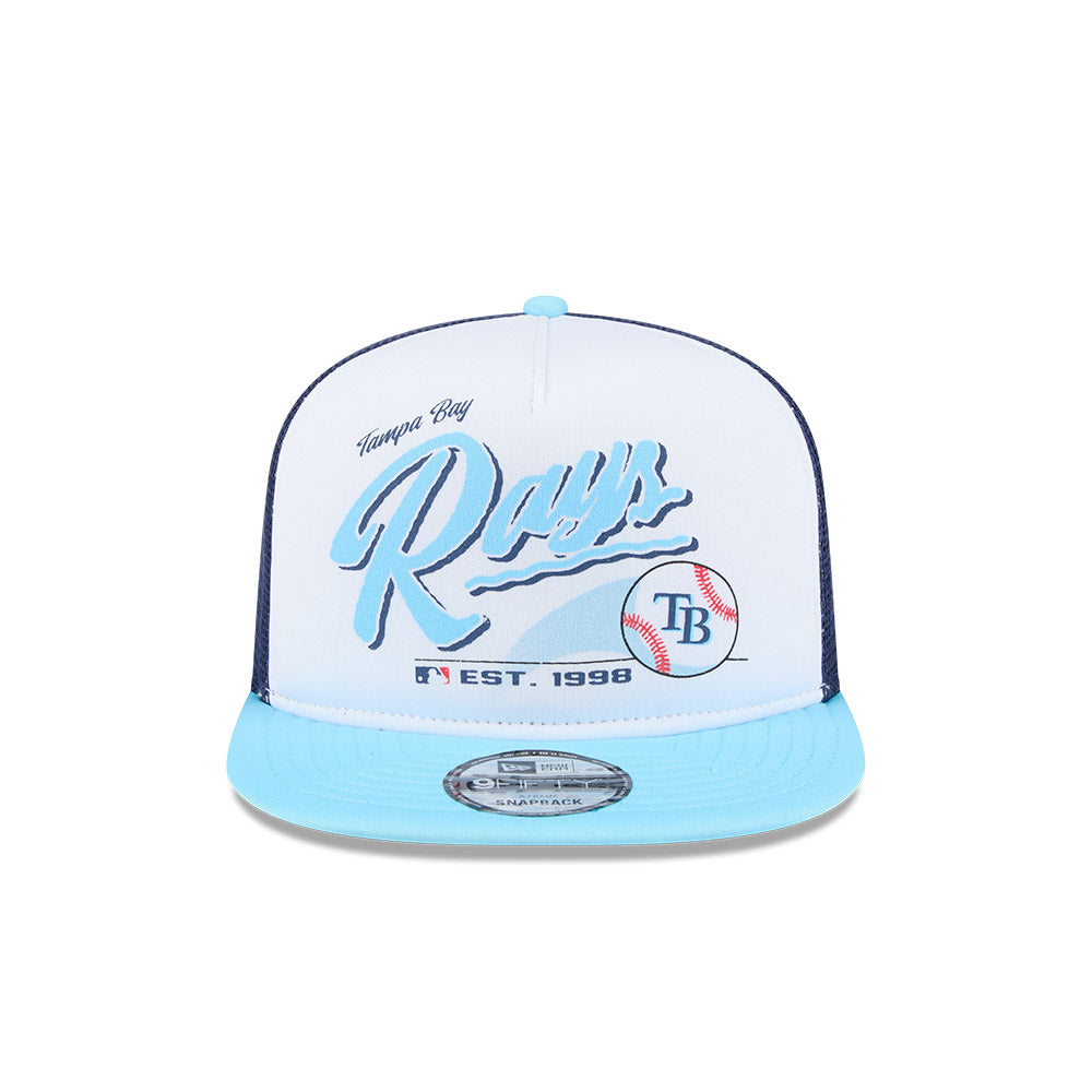 Tampa Bay Rays New Era RETRO SCRIPT 9Fifty A-Frame Mesh Trucker Snapback Hat - Navy/Sky