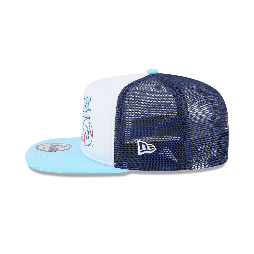 Tampa Bay Rays New Era RETRO SCRIPT 9Fifty A-Frame Mesh Trucker Snapback Hat - Navy/Sky