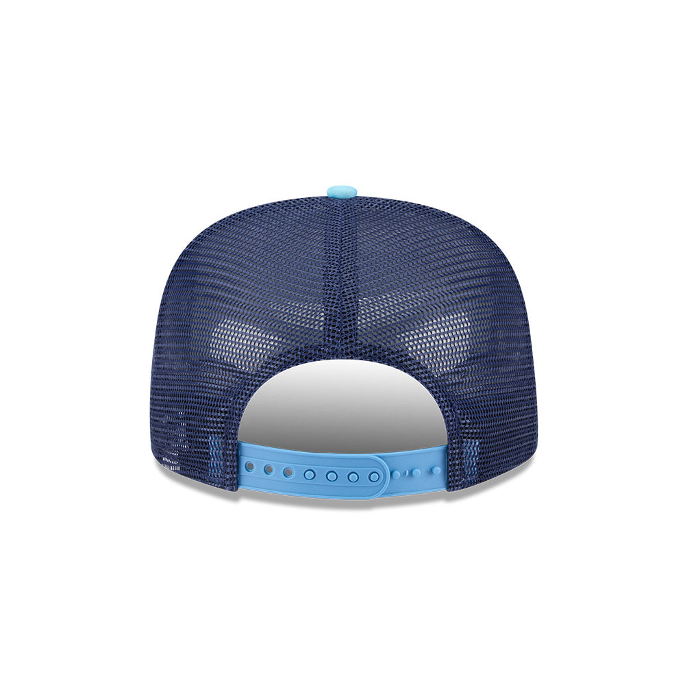 Tampa Bay Rays New Era RETRO SCRIPT 9Fifty A-Frame Mesh Trucker Snapback Hat - Navy/Sky