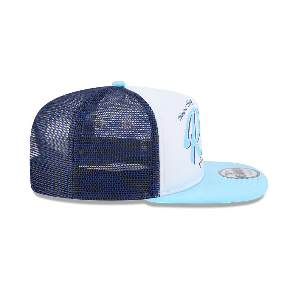 Tampa Bay Rays New Era RETRO SCRIPT 9Fifty A-Frame Mesh Trucker Snapback Hat - Navy/Sky