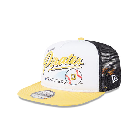 Pittsburgh Pirates New Era RETRO SCRIPT 9Fifty A-Frame Mesh Trucker Snapback Hat - Black/Yellow
