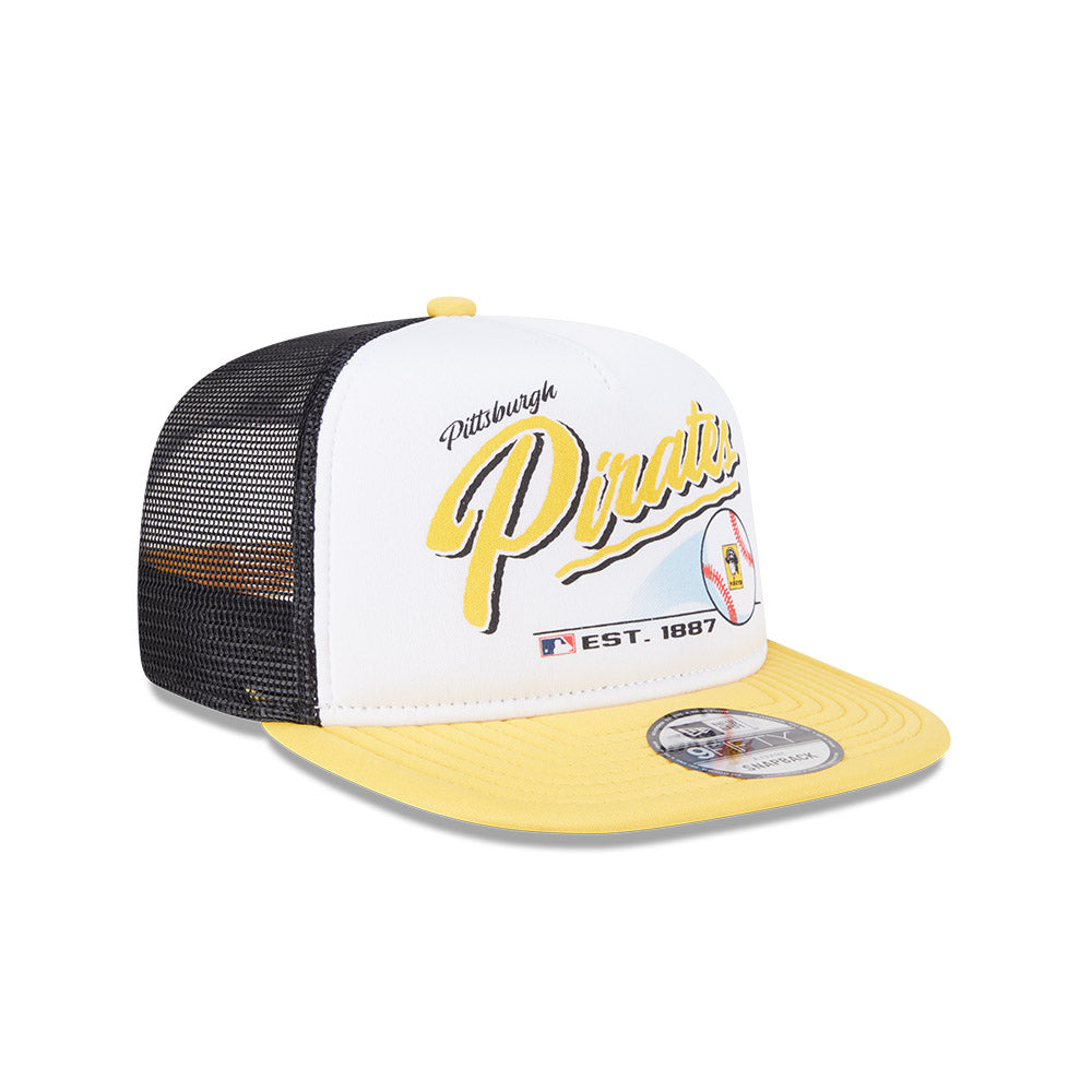 Pittsburgh Pirates New Era RETRO SCRIPT 9Fifty A-Frame Mesh Trucker Snapback Hat - Black/Yellow
