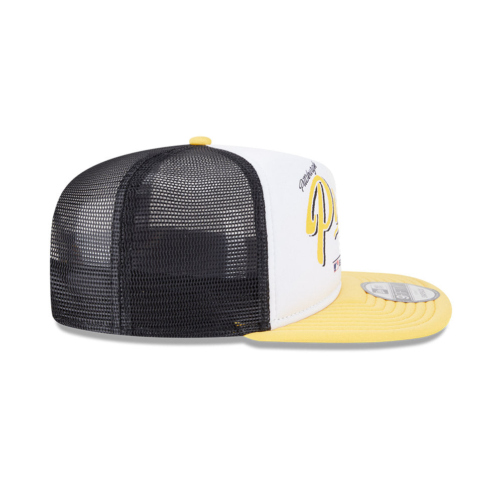 Pittsburgh Pirates New Era RETRO SCRIPT 9Fifty A-Frame Mesh Trucker Snapback Hat - Black/Yellow