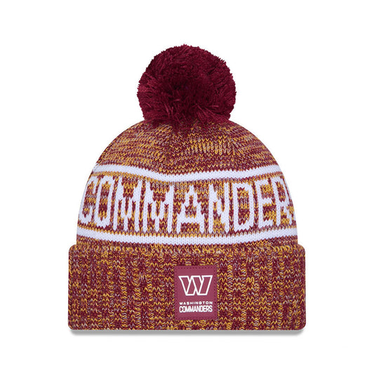 Washington Commanders New Era 2025 NFL Sideline Sport Cuffed Pom Knit Hat - Burgundy/White