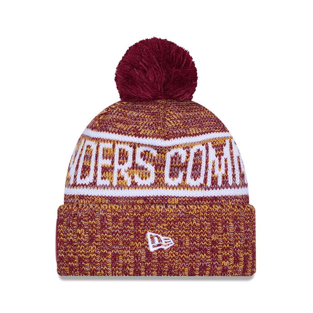 Washington Commanders New Era 2025 NFL Sideline Sport Cuffed Pom Knit Hat - Burgundy/White