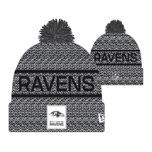 Baltimore Ravens New Era 2025 NFL Sideline Sport Cuffed Pom Knit Hat - Graphite/Black