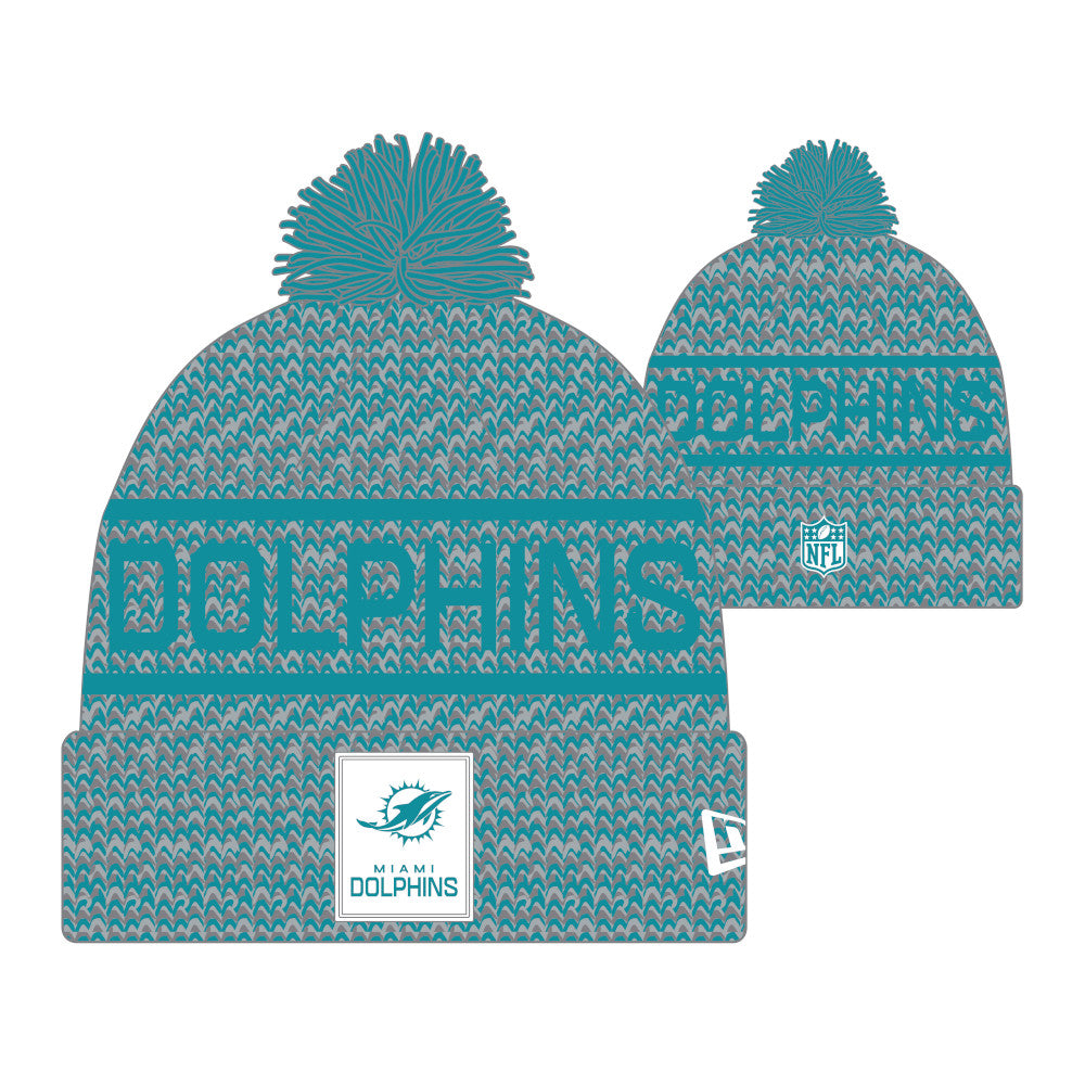Miami Dolphins New Era 2025 NFL Sideline Sport Cuffed Pom Knit Hat - Graphite/Aqua