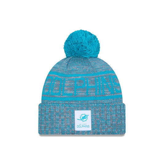 Miami Dolphins New Era 2025 NFL Sideline Sport Cuffed Pom Knit Hat - Graphite/Aqua