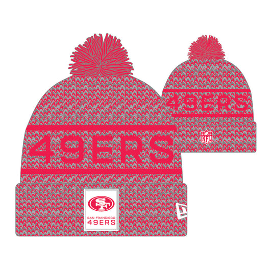 San Francisco 49ers New Era 2025 NFL Sideline Sport Cuffed Pom Knit Hat - Graphite/Scarlet