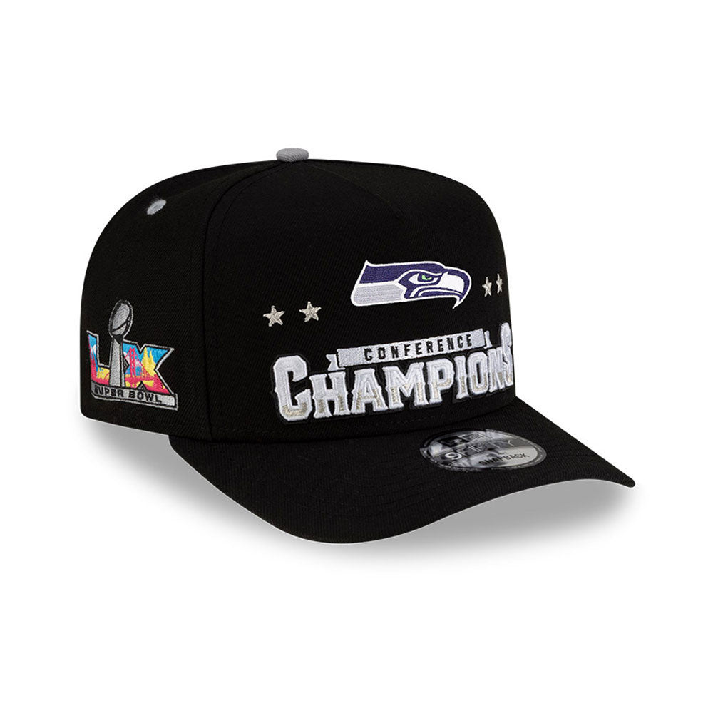 Seattle Seahawks New Era 2025 NFC Champions Locker Room Trophy Collection A-Frame 9FIFTY Snapback Hat - Black