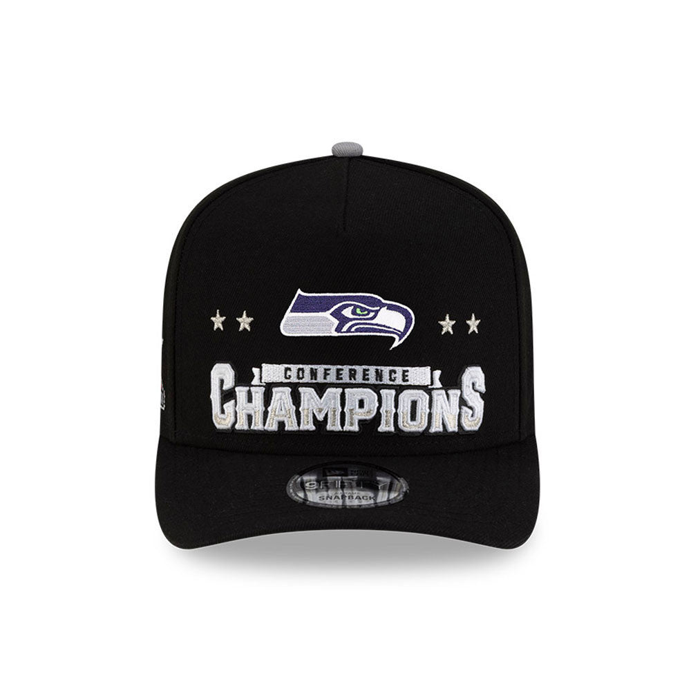 Seattle Seahawks New Era 2025 NFC Champions Locker Room Trophy Collection A-Frame 9FIFTY Snapback Hat - Black