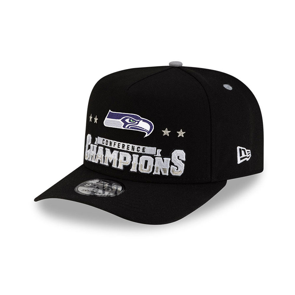Seattle Seahawks New Era 2025 NFC Champions Locker Room Trophy Collection A-Frame 9FIFTY Snapback Hat - Black