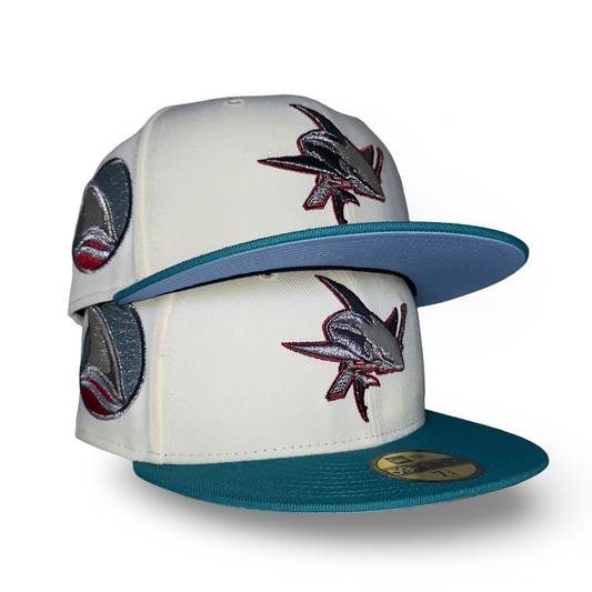 San Jose Sharks "BEWARE" Exclusive New Era 59Fifty Fitted Hat - Chrome/Teal/Icy UV