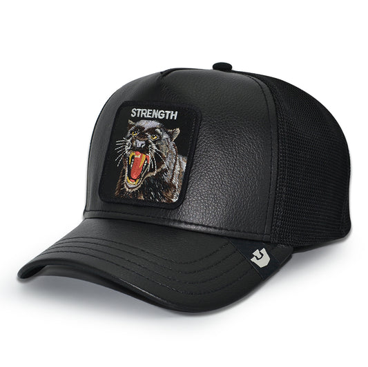 PANTHER STRENGTH FAUX LEATHER Goorin Bros Mesh Trucker Snapback Hat - Black/Black
