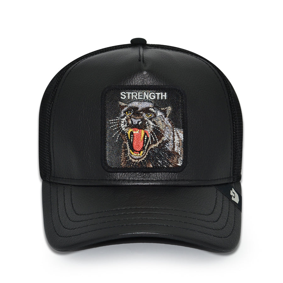 PANTHER STRENGTH FAUX LEATHER Goorin Bros Mesh Trucker Snapback Hat - Black/Black