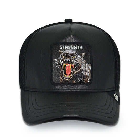 PANTHER STRENGTH FAUX LEATHER Goorin Bros Mesh Trucker Snapback Hat - Black/Black