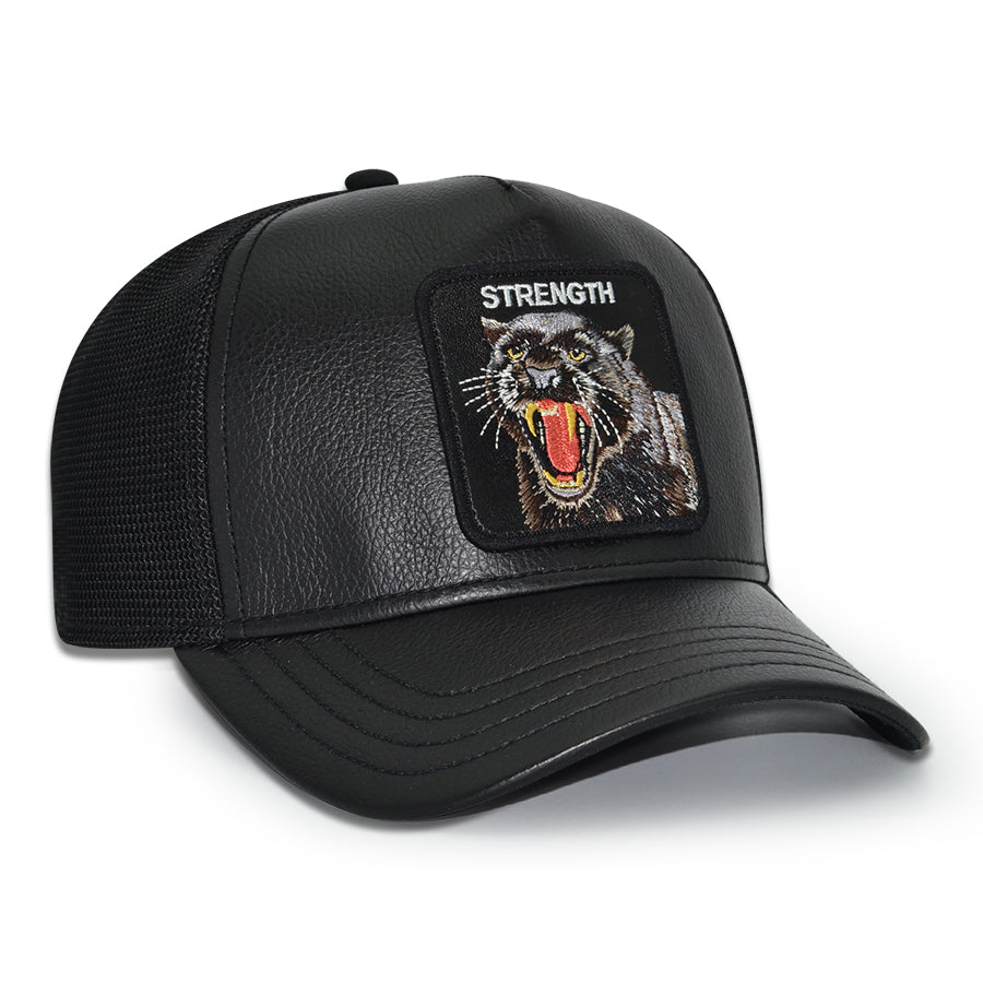 PANTHER STRENGTH FAUX LEATHER Goorin Bros Mesh Trucker Snapback Hat - Black/Black