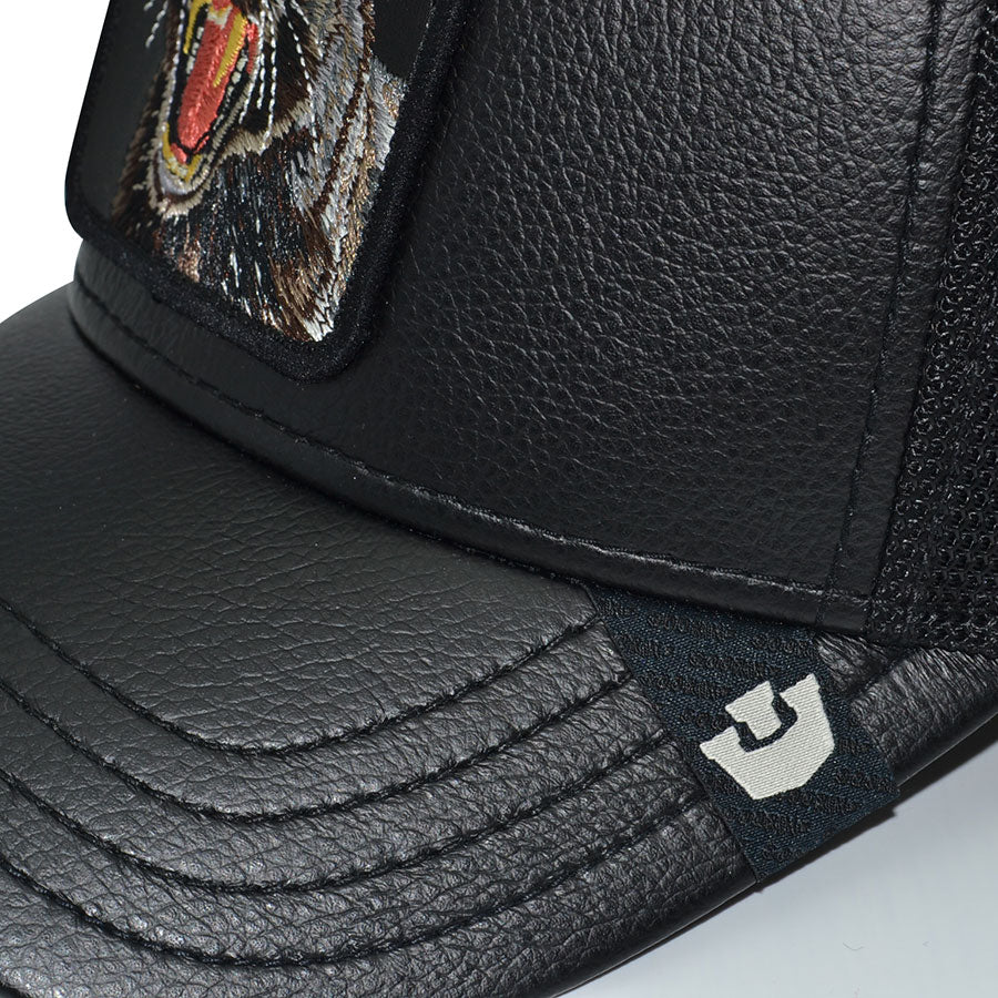 PANTHER STRENGTH FAUX LEATHER Goorin Bros Mesh Trucker Snapback Hat - Black/Black