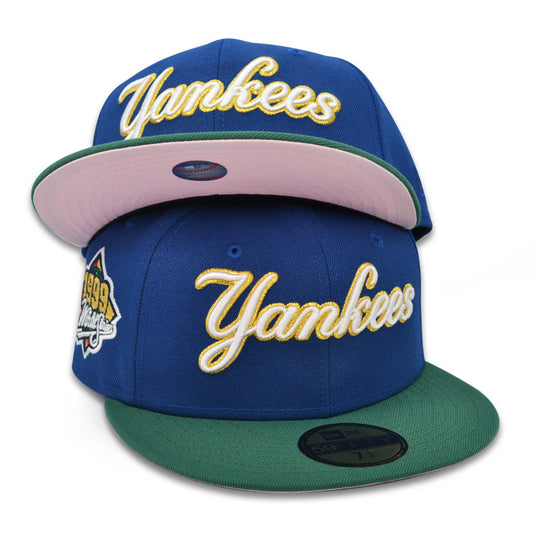 New York Yankees Script 1999 WORLD SERIES Exclusive New Era 59Fifty Fitted Hat - Songbird Blue/Emerald