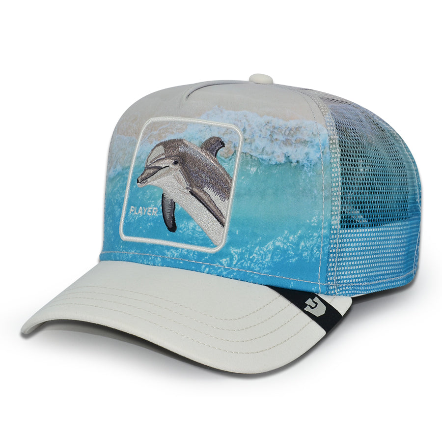 PLAYER DOLPHIN IN THE ELEMENT Goorin Bros Mesh Trucker Snapback Hat - Dust/Chrome