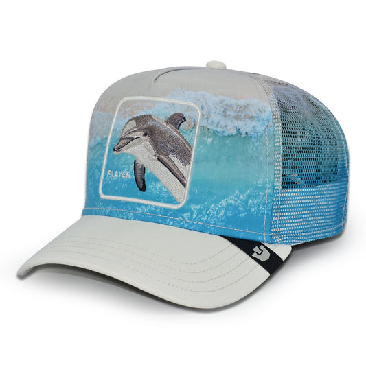 PLAYER DOLPHIN IN THE ELEMENT Goorin Bros Mesh Trucker Snapback Hat - Dust/Chrome