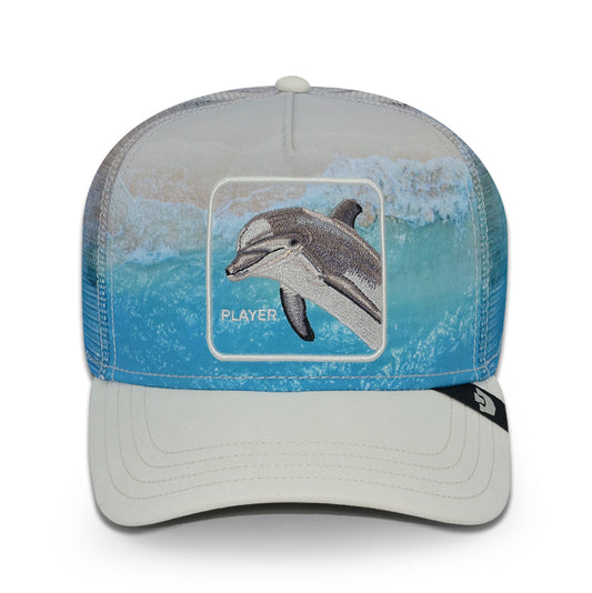PLAYER DOLPHIN IN THE ELEMENT Goorin Bros Mesh Trucker Snapback Hat - Dust/Chrome