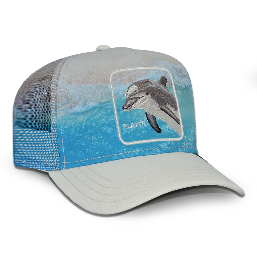 PLAYER DOLPHIN IN THE ELEMENT Goorin Bros Mesh Trucker Snapback Hat - Dust/Chrome