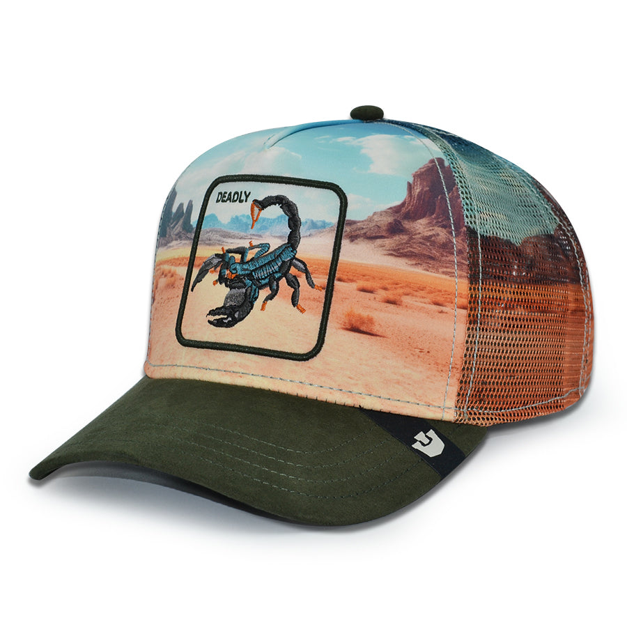 DEADLY SCORPION IN THE ELEMENTS Goorin Bros Mesh Trucker Snapback Hat - Palm/Dark Green