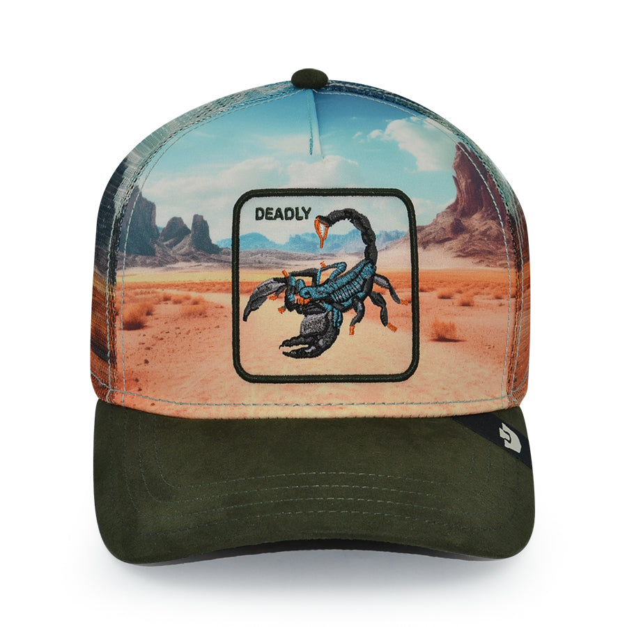 DEADLY SCORPION IN THE ELEMENTS Goorin Bros Mesh Trucker Snapback Hat - Palm/Dark Green