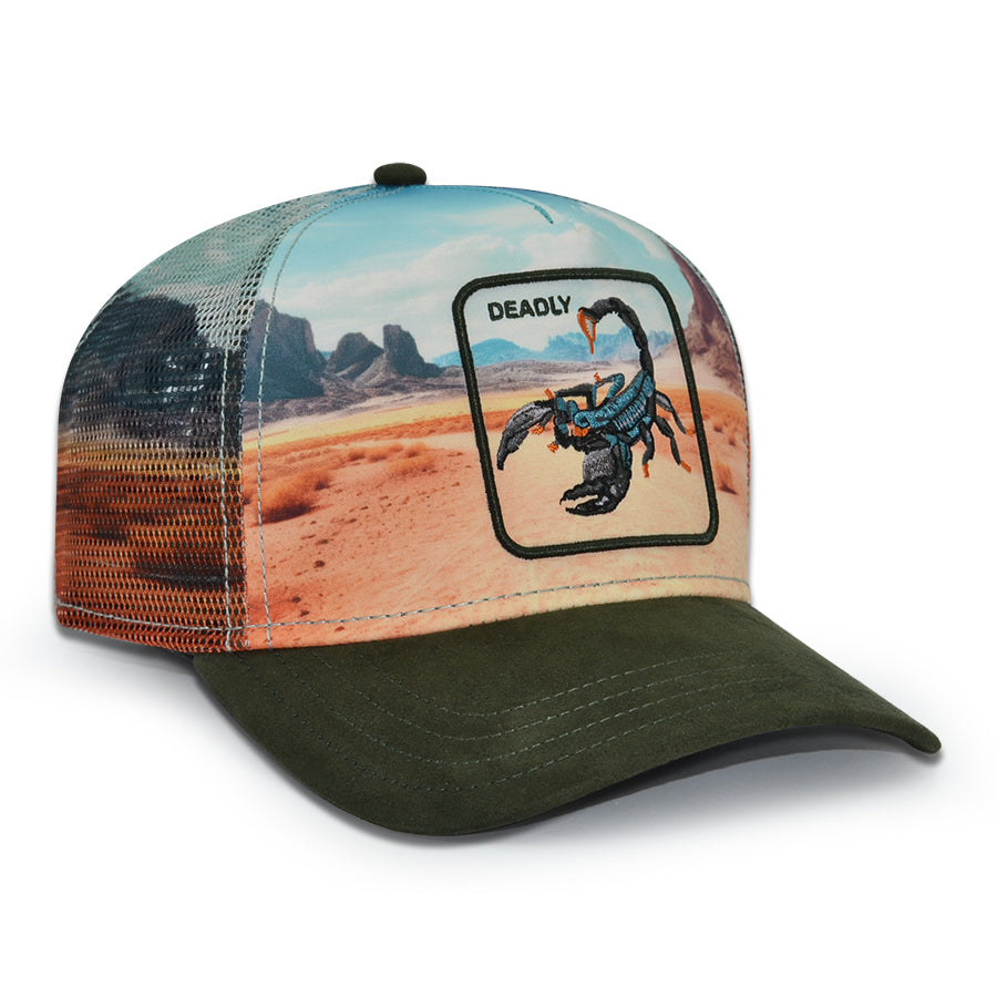 DEADLY SCORPION IN THE ELEMENTS Goorin Bros Mesh Trucker Snapback Hat - Palm/Dark Green