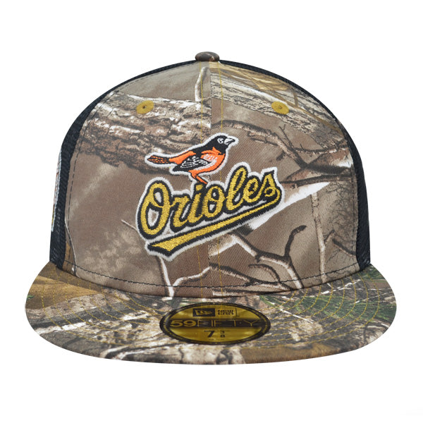 Baltimore Orioles 30th ANNIVERSARY Trucker Exclusive New Era 59Fifty Fitted Hat - Real Tree Camo/Mesh