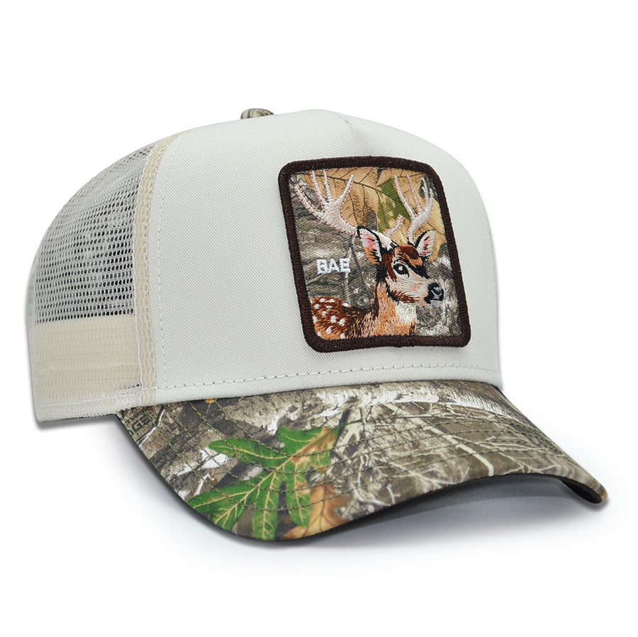 BAE DOE Real Tree Edge Goorin Bros Mesh Trucker Snapback Hat - Cream/Real Tree Camo