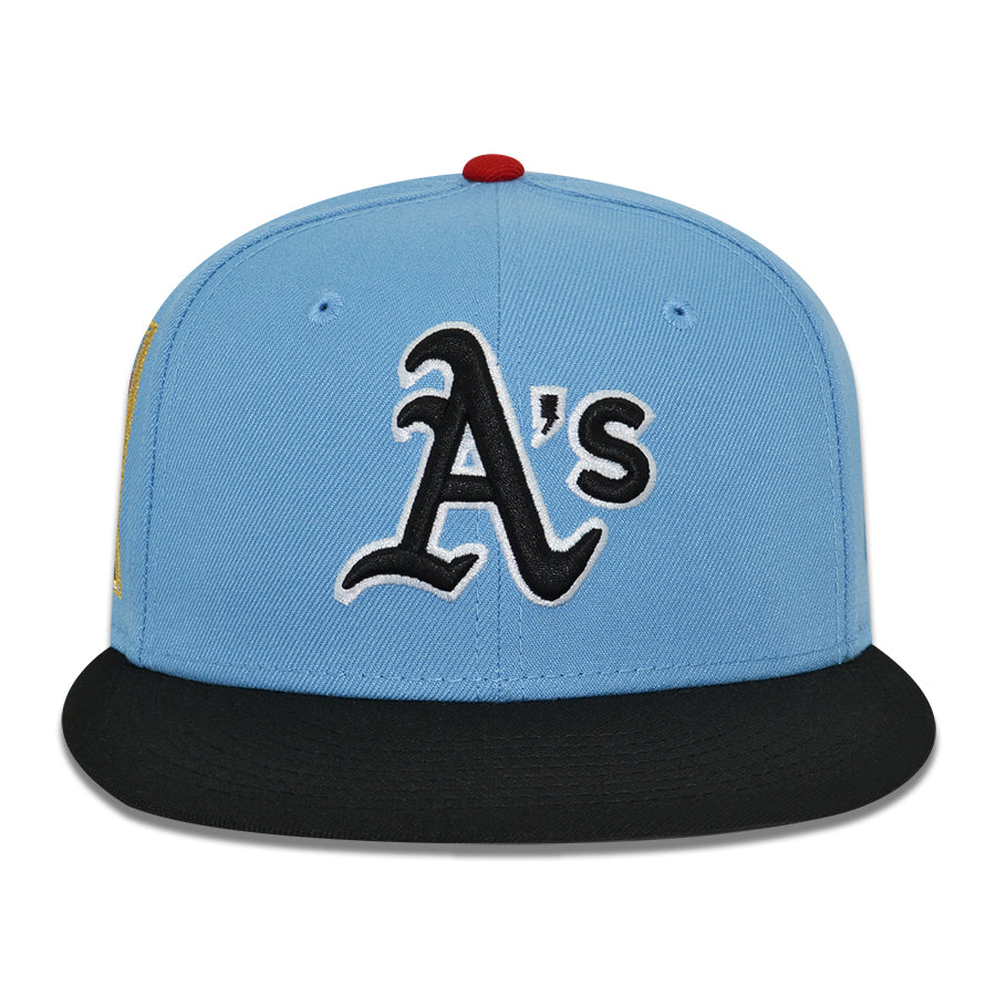 Oakland Athletics "LUCKY & JUSTICE" Exclusive New Era 59Fifty Fitted Hat - Sky/Black