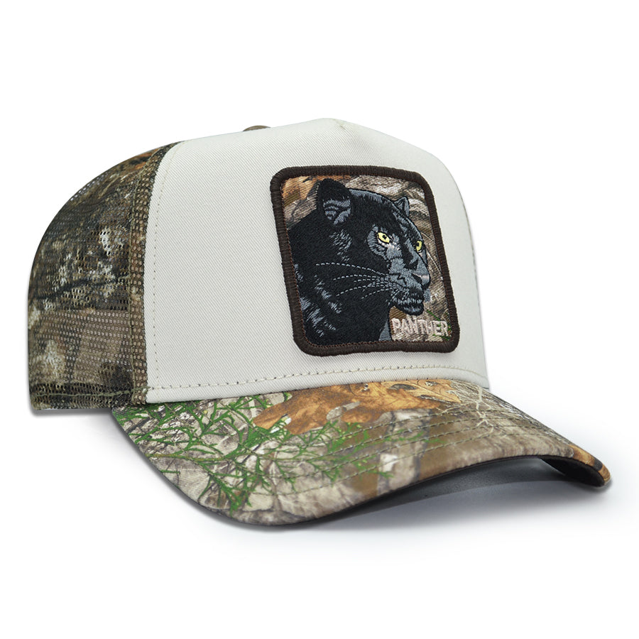 BLACK PANTHER Real Tree Edge Goorin Bros Mesh Trucker Snapback Hat - Cream/Real Tree Camo